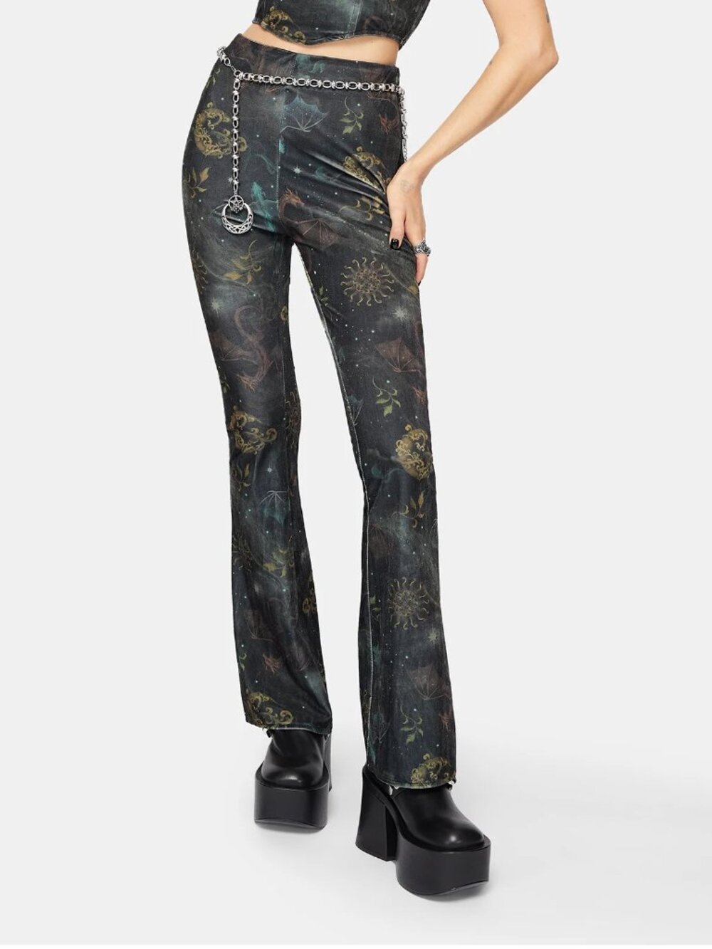 Disturbia Phoenix Dragon Velour Flare Trouser Green Celestial Size US 8 UK 12